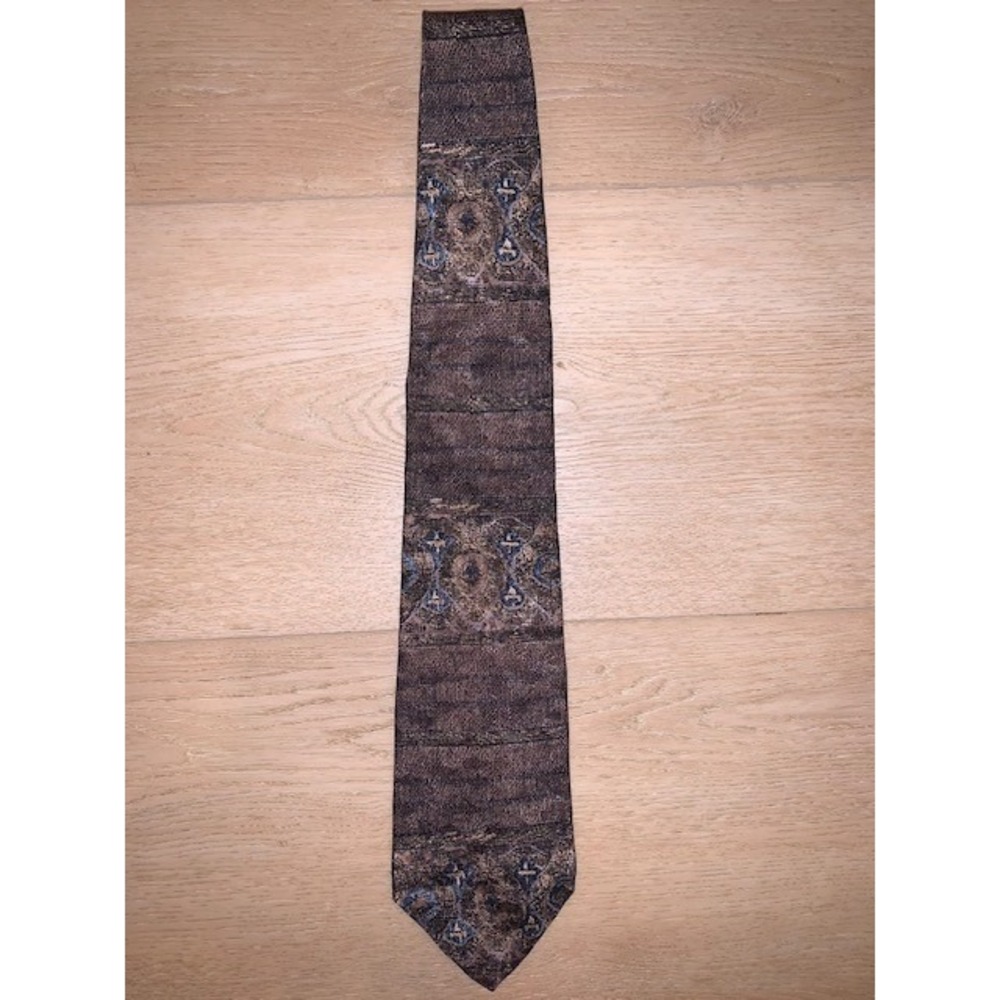 Bugatti Mens Silk Tie Brown Blue Abstract Geometric Medallion Italian Silk 52x4